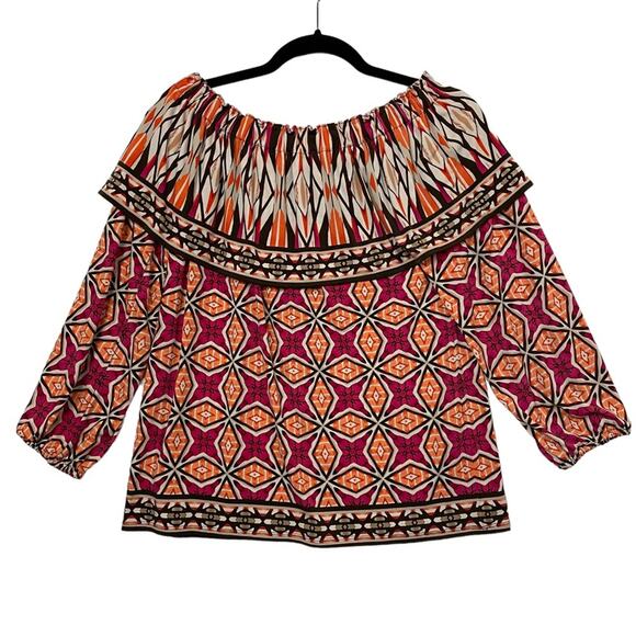 Chico's Orange Pink Brown Off Shoulder Ruffle Top Size Medium - Picture 1 of 5